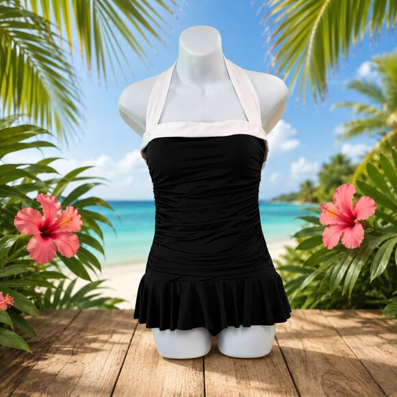 Lauren Ralph Lauren Other - Lauren Ralph Lauren One Piece Swimsuit Halter Ruffle Skirt Size 10 Black & White